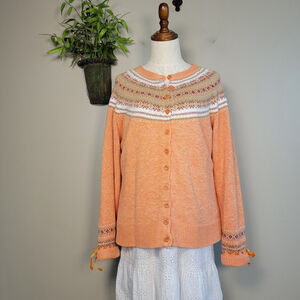 Vintage Tiara Fair Isle Knit Sweater Button Up Cardigan Orange Velvet Ribbon 3X